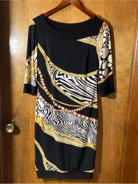 Frank Lyman Design Black Multi-Print Midi Dress Sz 4 Bodycon 3/4 Sleeve